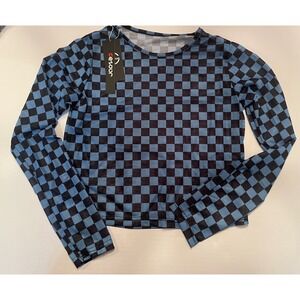 Long Sleeve Checkered Print Sexy See Thru Sheer Mesh Tee Shirt Blue Black Sz XS